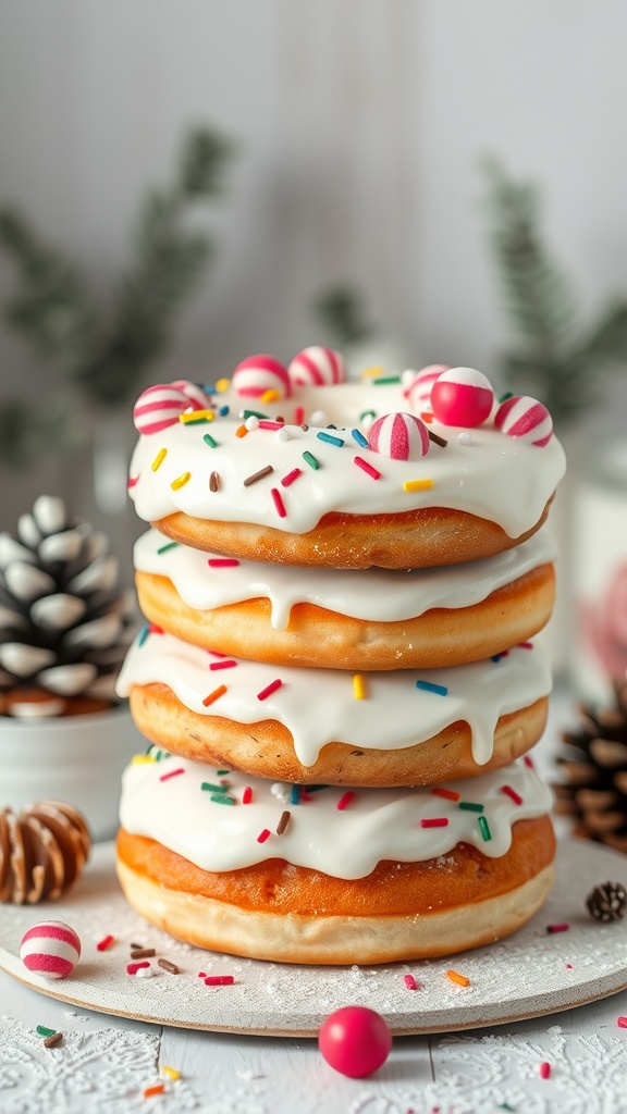 A stacked frosted donut cake decorated with colorful sprinkles and candies, set against a winter-themed backdrop.