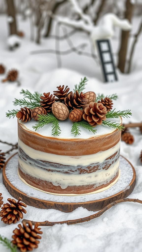 A frosted cake decorated with pinecones and greenery, set in a snowy environment.