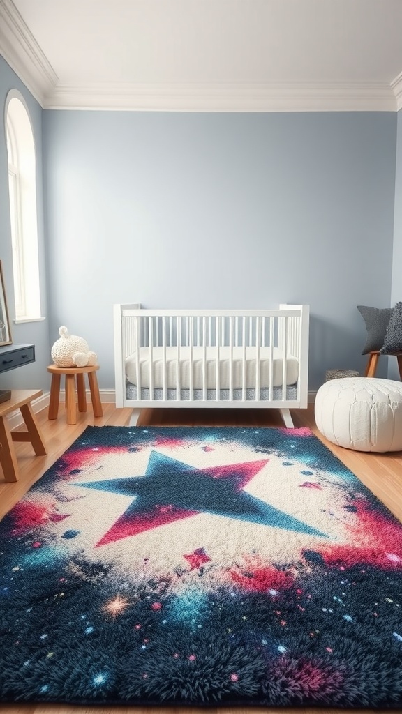 A colorful galactic-themed area rug featuring a star design, placed in a nursery with a crib and cozy decor.