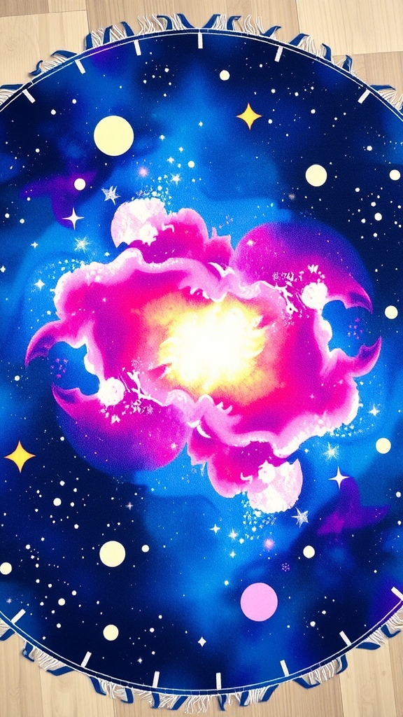 A colorful galaxy-themed play mat featuring stars and planets.