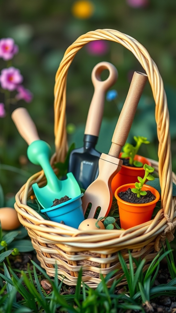A basket filled with colorful gardening tools for kids, including small shovels and planters, set among green grass and flowers.