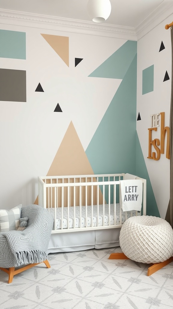 A modern nursery featuring geometric patterns on the walls, with a crib and cozy seating.