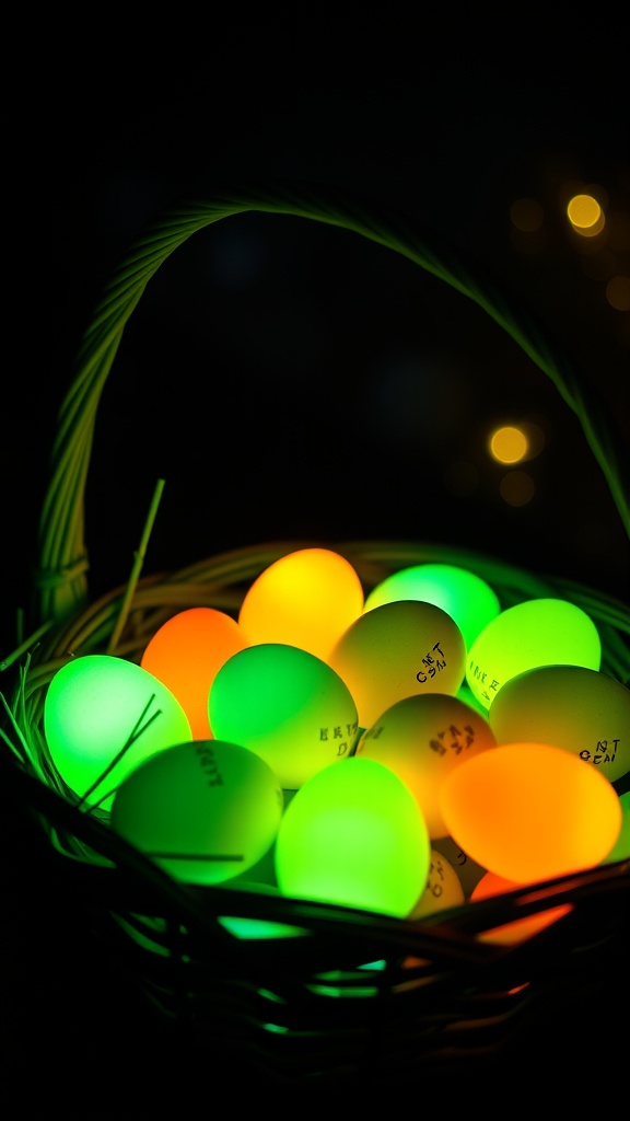 A basket filled with glow-in-the-dark eggs in various colors