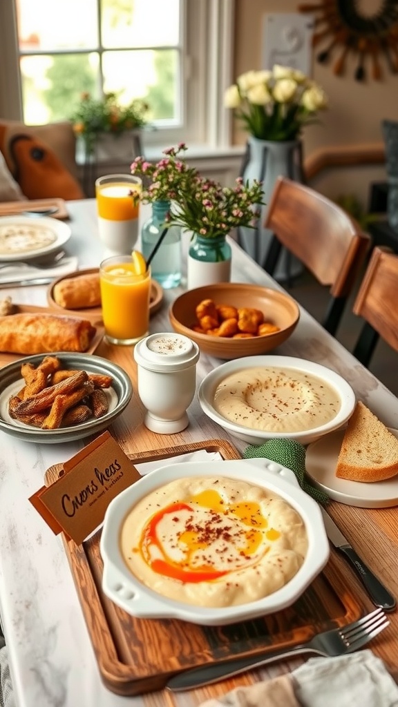 A beautiful brunch spread featuring creamy grits, eggs, pastries, and refreshing drinks.