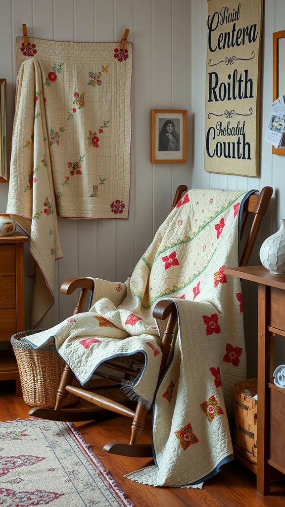 A vintage nursery featuring handmade quilts and blankets in soft colors.