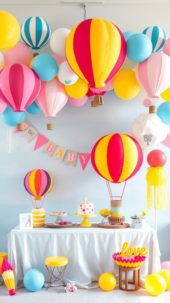 Colorful hot air balloon themed baby shower decorations with cake and treats.