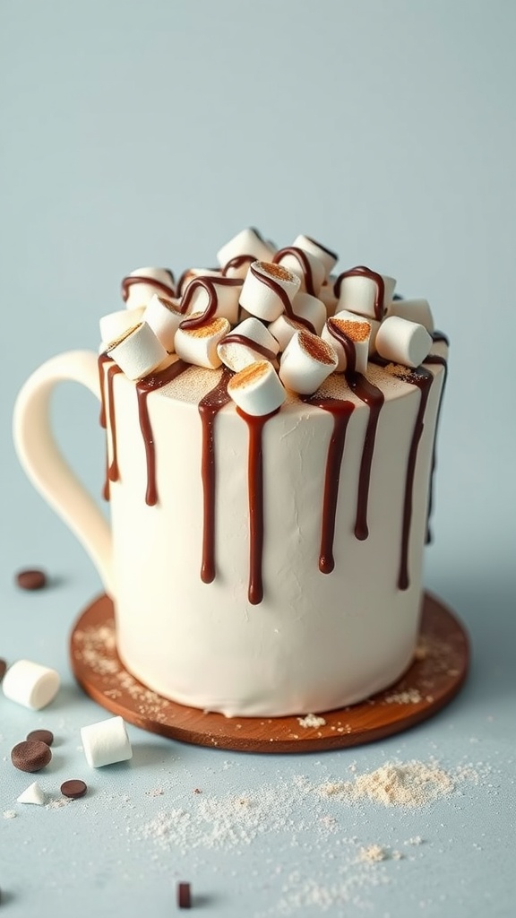 A hot cocoa inspired cake designed to look like a large mug with marshmallows and chocolate drizzle on top.