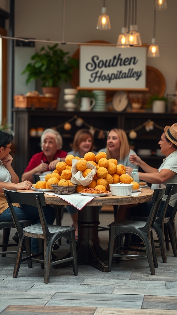 A table filled with hushpuppies surrounded by people enjoying a Southern-inspired baby shower.
