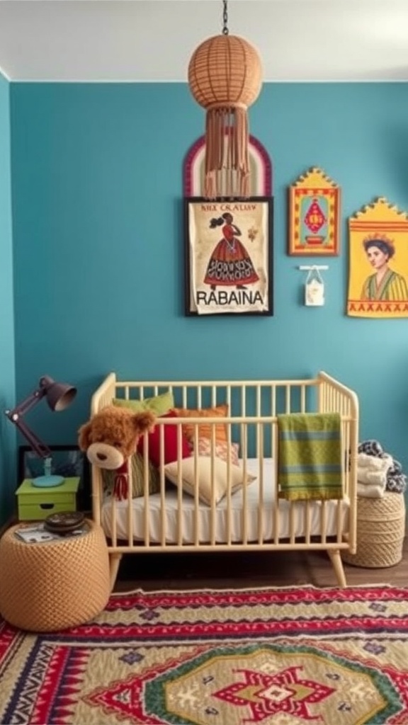 A modern gender-neutral nursery with cultural elements, featuring a wooden crib, colorful rugs, and vibrant wall art.
