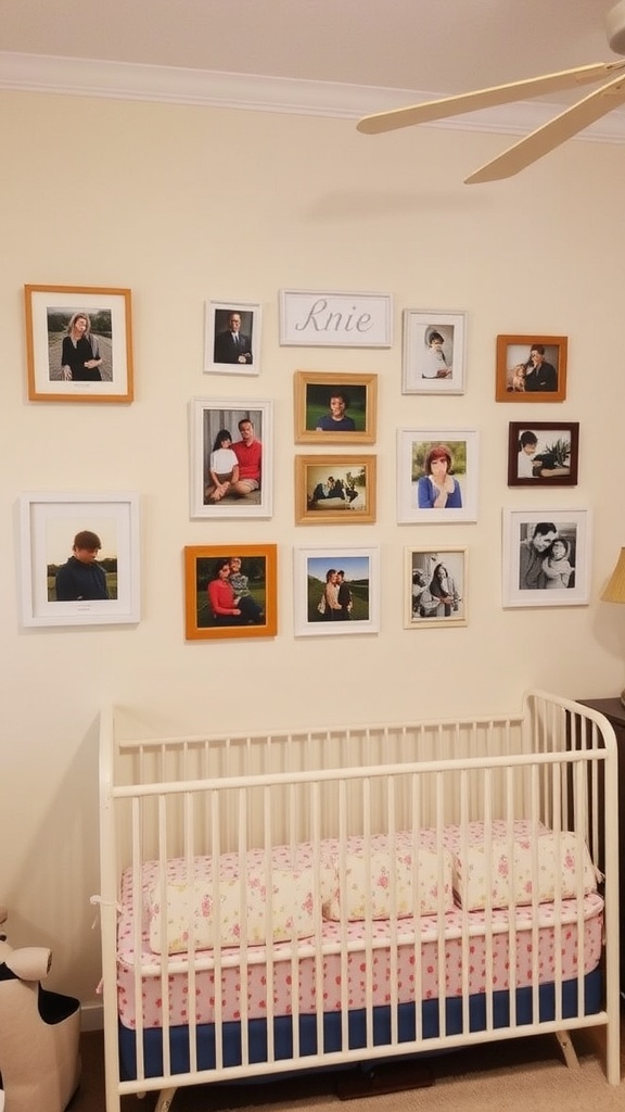 A modern nursery featuring a crib and a wall adorned with framed family photos.