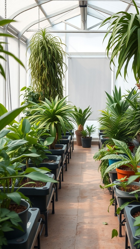 A greenhouse filled with various indoor plants in pots, showcasing greenery and a serene atmosphere.