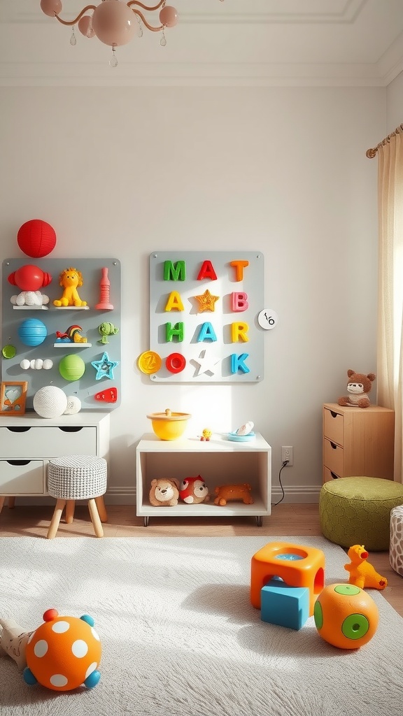 A colorful, interactive nursery with various toys and wall decorations.