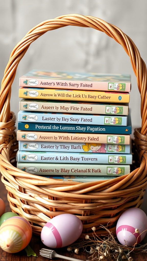 A basket filled with interactive storybooks and Easter eggs.
