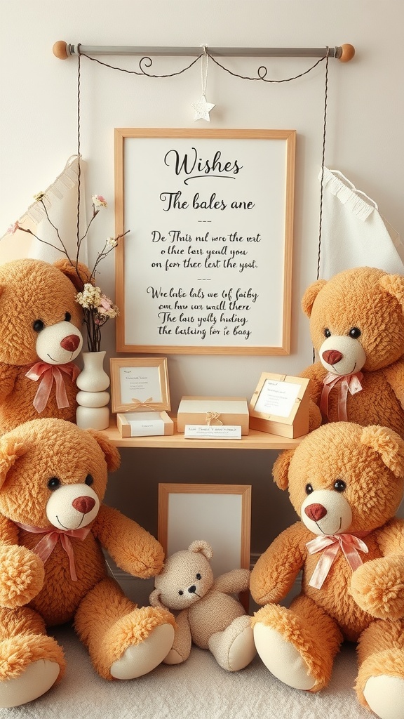 A cozy teddy bear wishes station with plush teddy bears and a sign for guests to write their wishes.