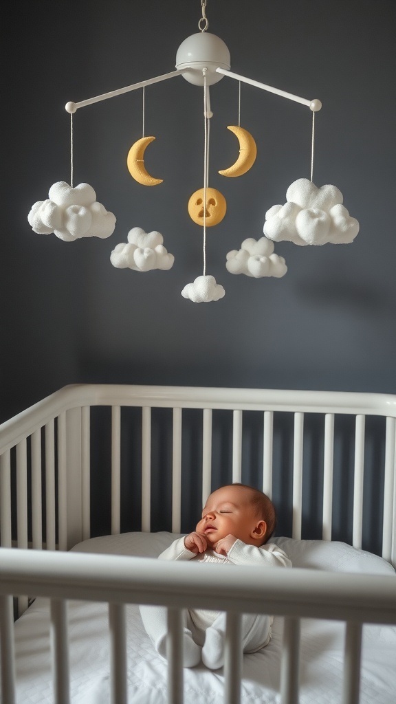A cozy nursery featuring a lunar crib mobile with clouds and moons, with a baby peacefully sleeping in the crib.
