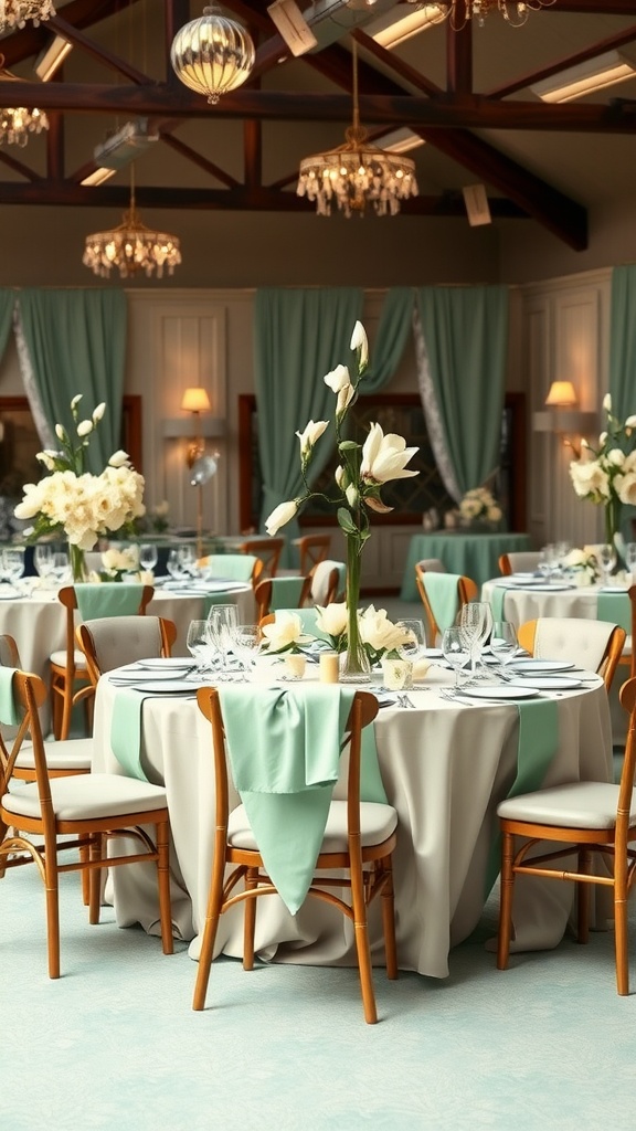 A beautifully arranged baby shower setting featuring mint-colored decorations and magnolia flowers.
