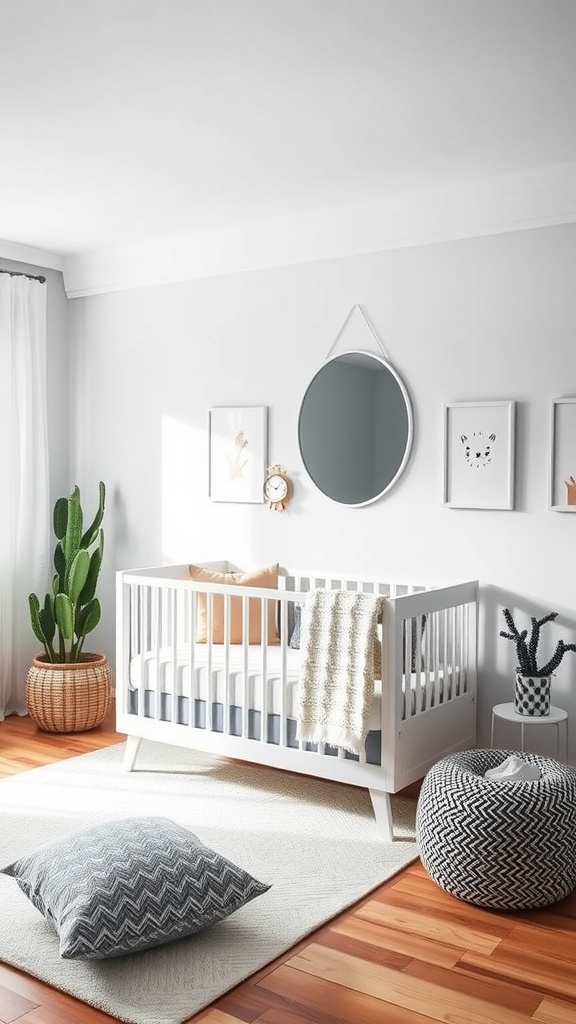 A minimalist monochrome nursery featuring a white crib, wooden flooring, and simple decor.