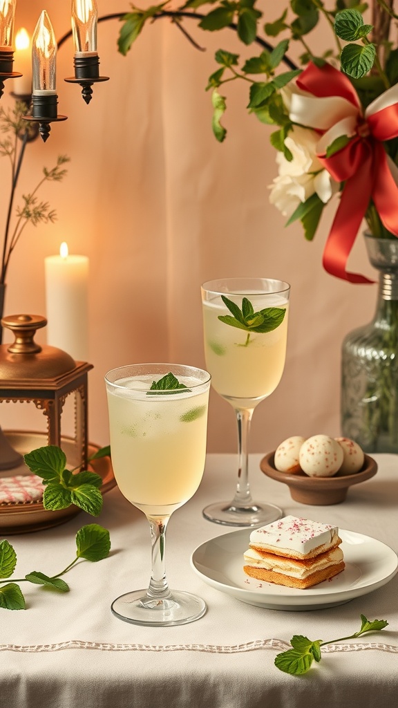 A table setting featuring mint juleps and sweet treats for a Southern-inspired baby shower.