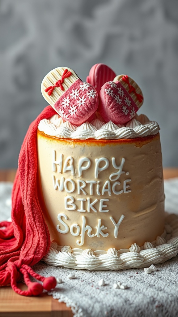 A winter-themed cake decorated with mittens and a scarf for a baby shower.