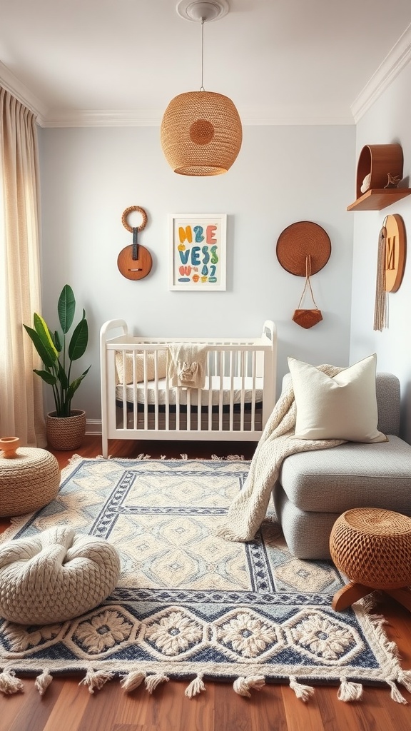 A modern gender-neutral nursery featuring a crib, textured rugs, and warm decor elements.