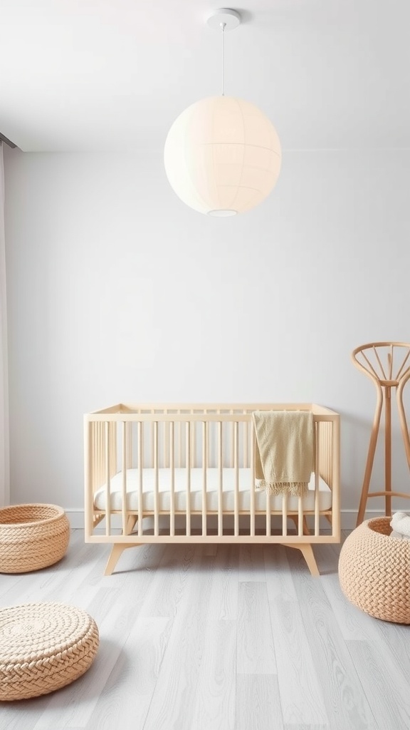 A modern, gender-neutral nursery featuring a wooden crib, round pendant light, and woven storage baskets.