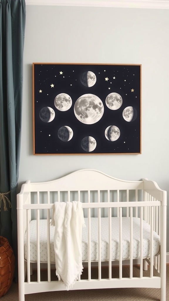 A nursery featuring a crib and wall art of moon phases against a dark background.