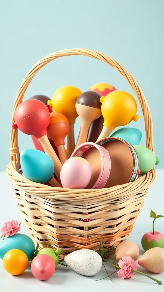 A colorful basket filled with various musical instruments for toddlers, including maracas and shakers.