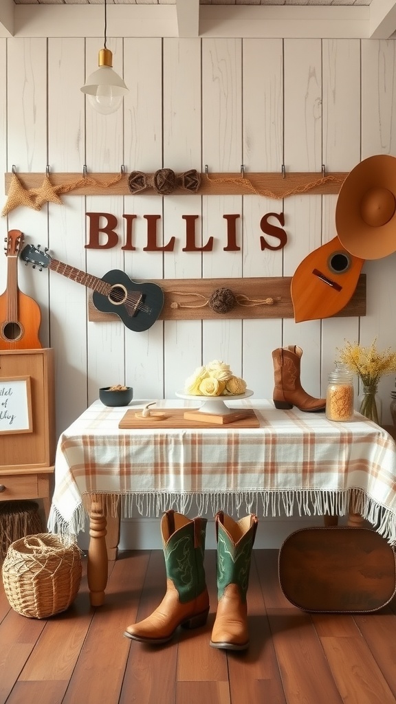 A decorated space with country theme elements, including cowboy boots and guitars.