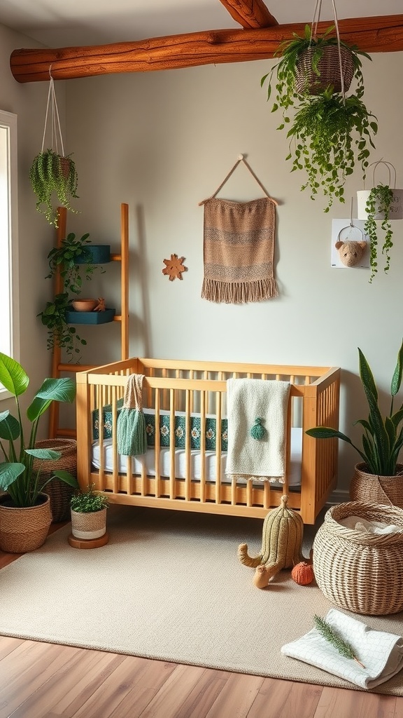 A modern gender-neutral nursery featuring a wooden crib surrounded by plants and cozy decor.