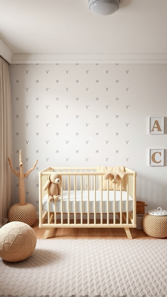 A modern nursery with a neutral accent wall, featuring a crib and cozy decor.