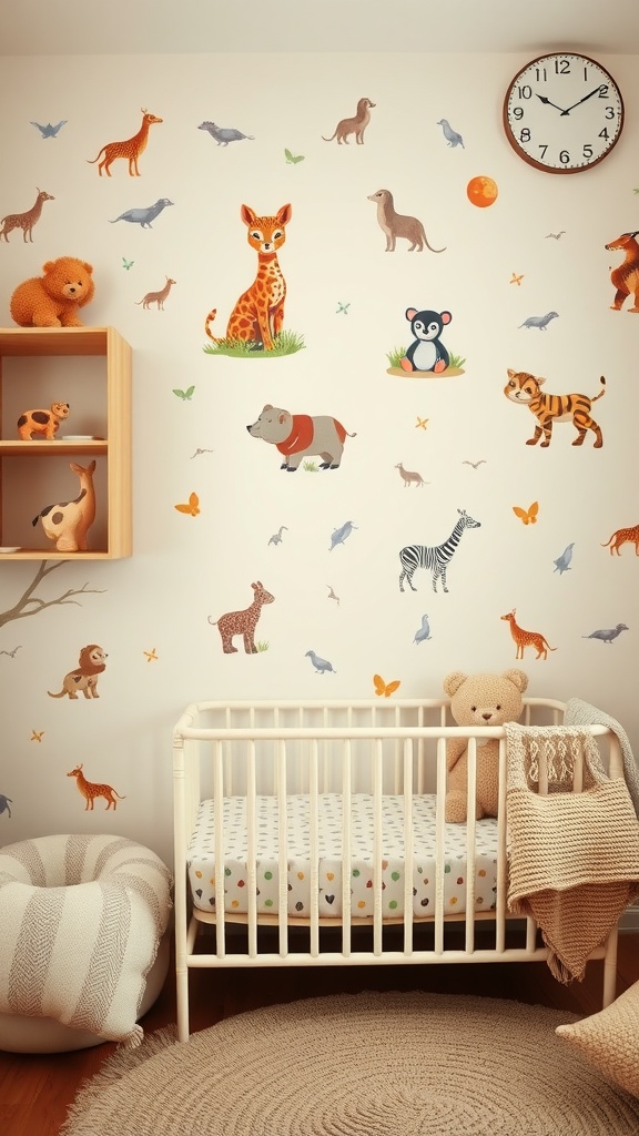 A cozy nursery with animal prints on the walls, featuring a crib and plush toys.