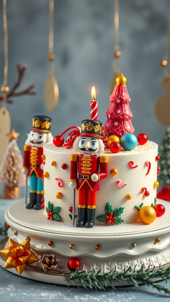 A beautifully decorated nutcracker themed cake with colorful ornaments and figures