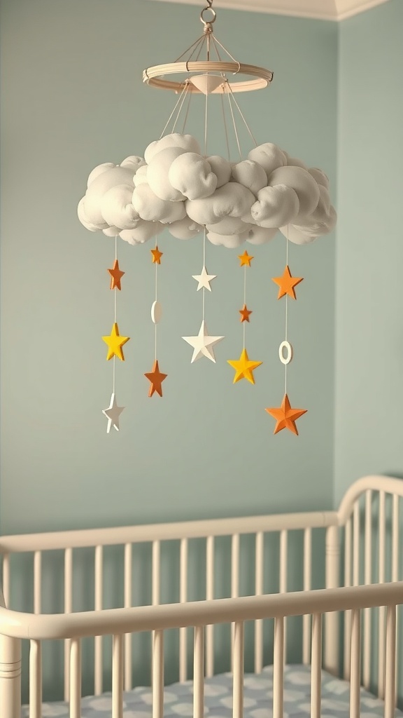 Vintage baby mobile with clouds and stars hanging over a crib.