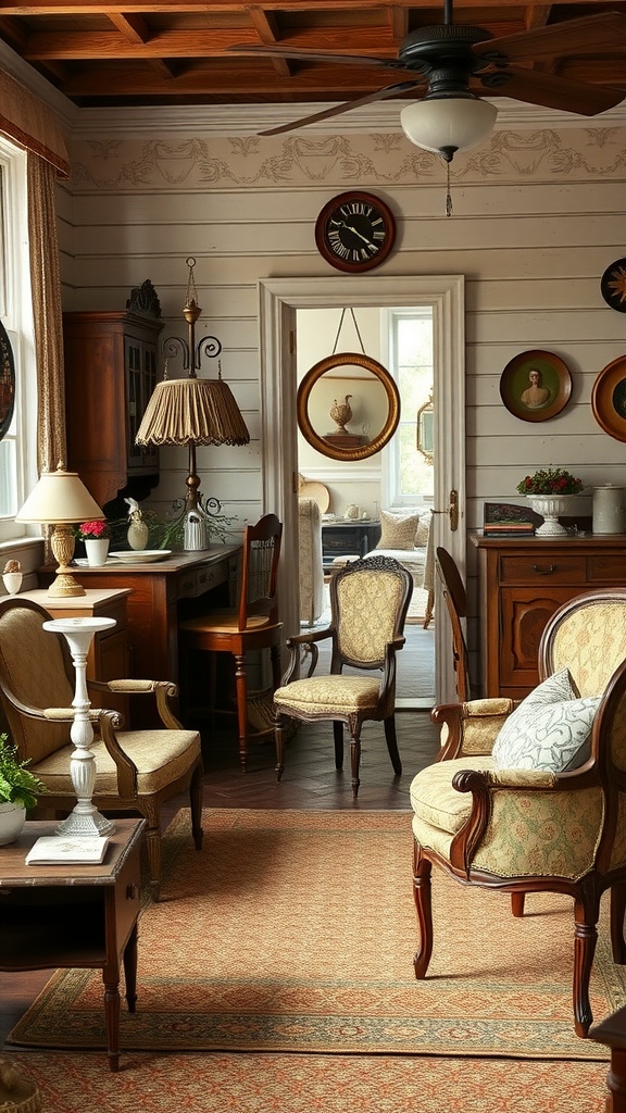 A cozy room with vintage furniture and warm decor, perfect for a Southern-inspired baby shower.