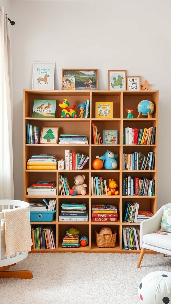A modern nursery with open shelving filled with colorful books and toys, featuring a cozy atmosphere.