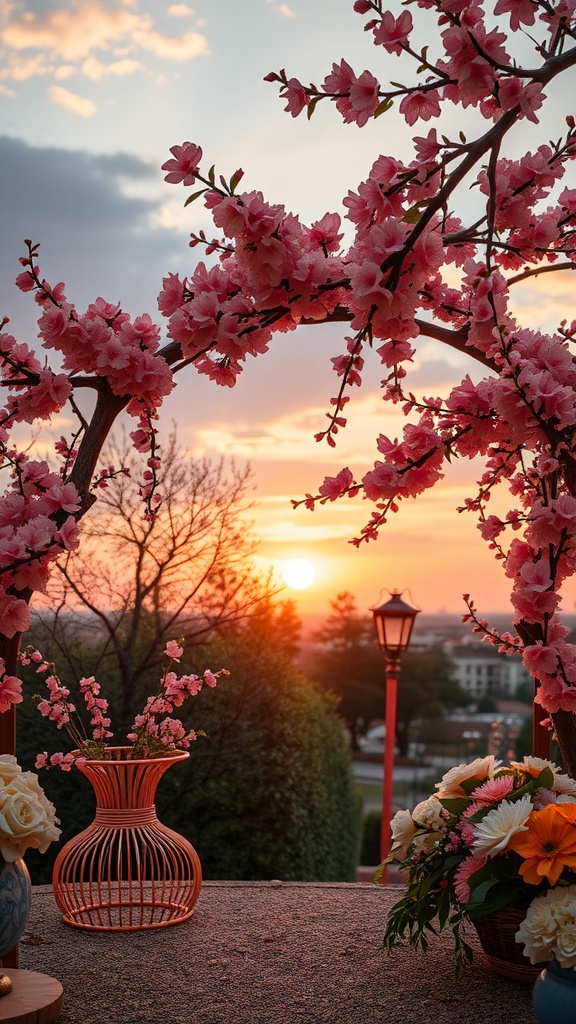 Beautiful peach blossoms with a sunset backdrop, creating a warm atmosphere.