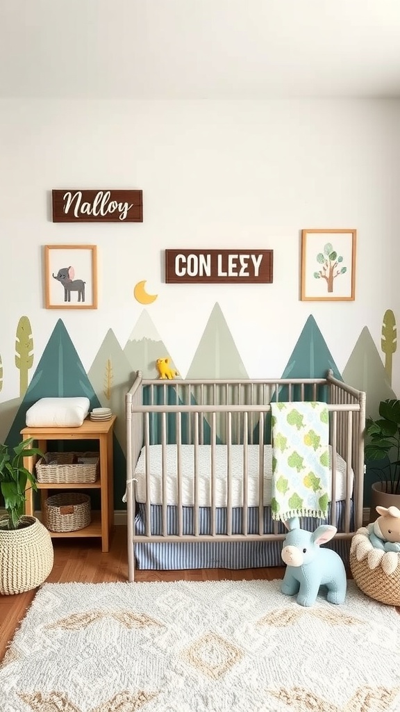 A modern gender-neutral nursery featuring personalized decor, including name signs and playful wall art.