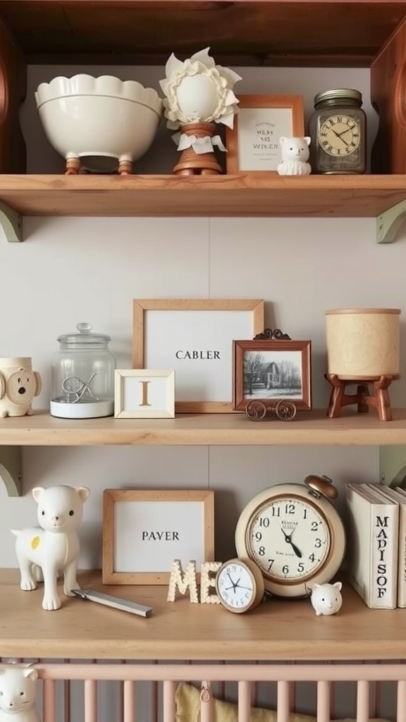 A collection of vintage nursery decor items on wooden shelves, including toys, clocks, and picture frames.