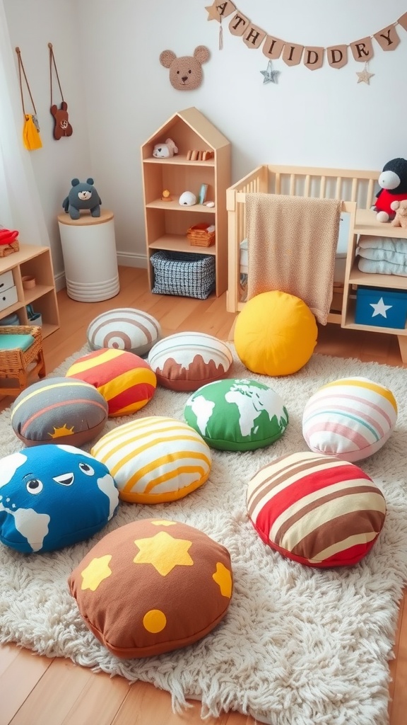 Colorful planet-shaped pillows on a nursery floor, creating a playful atmosphere.