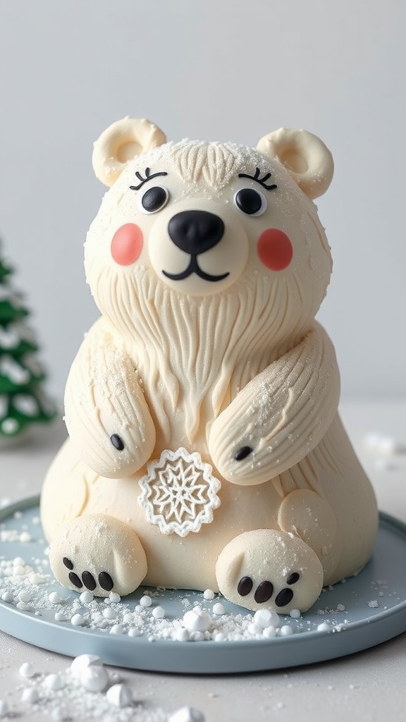 A cute polar bear cake decorated with snowy elements, perfect for a winter baby shower.