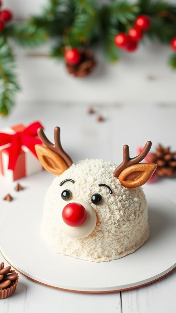 A whimsical reindeer cake decorated with a red nose and antlers, surrounded by festive decor.