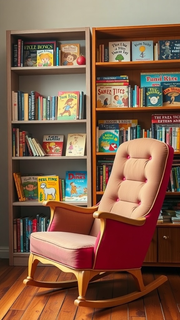 A vintage-style rocking chair in a nursery setting with bookshelves filled with children's books.