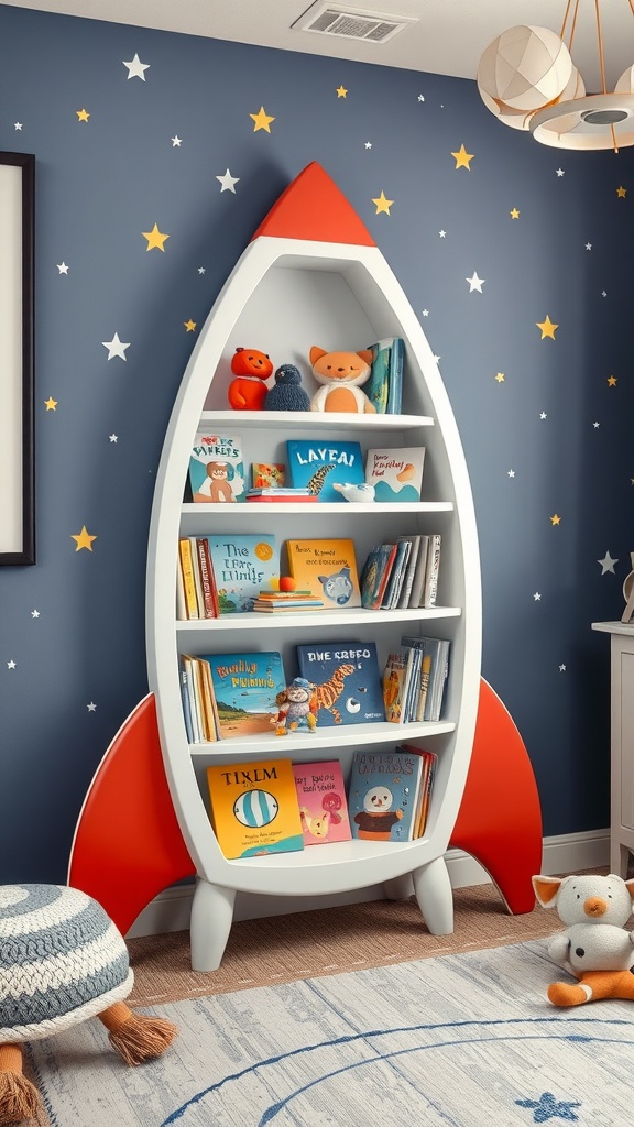 A colorful rocket ship bookshelf filled with children's books, surrounded by star-themed wall decor in a nursery.