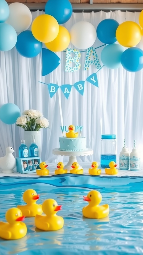 Rubber Ducky Pool Party decorations with balloons and rubber ducks