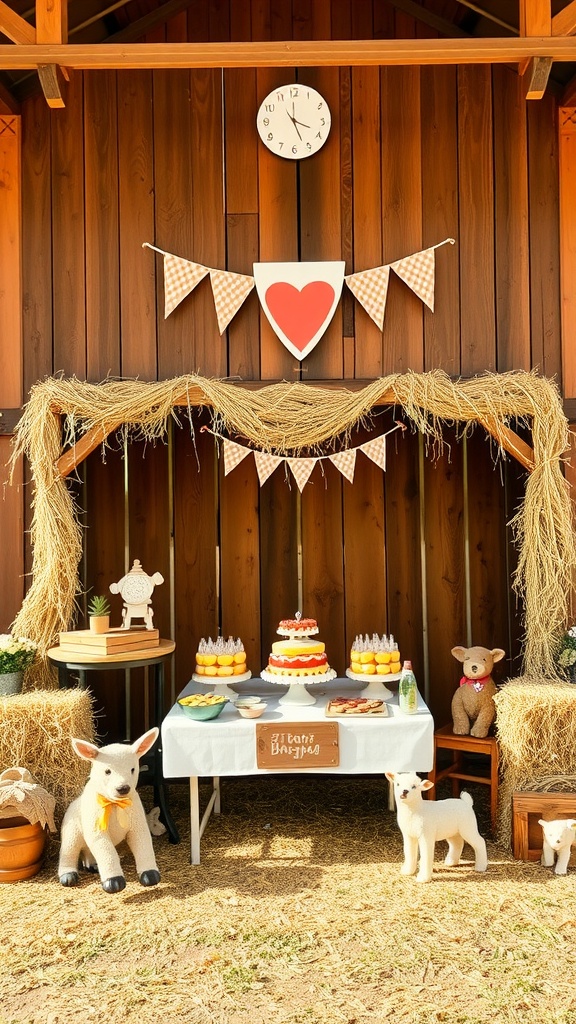 A festive barnyard setup with decorations, snacks, and plush animals.