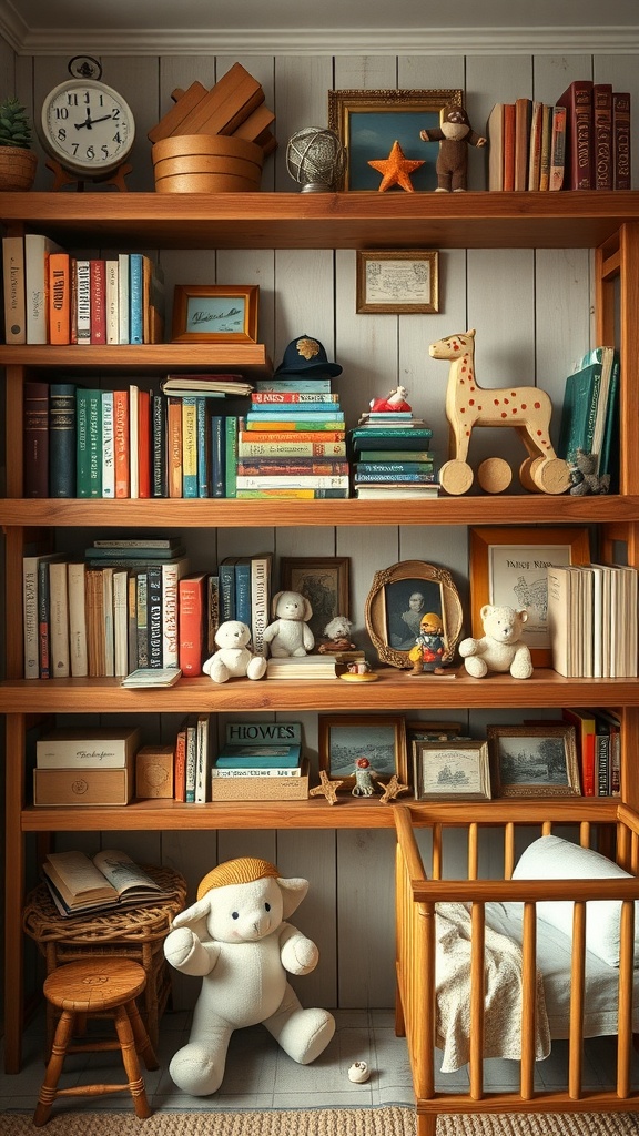 A cozy nursery with wooden shelves filled with books and toys.