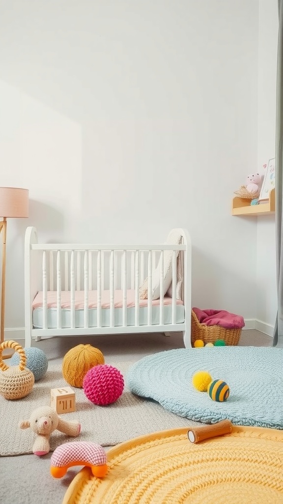 A modern nursery with a crib and colorful sensory play items on the floor.