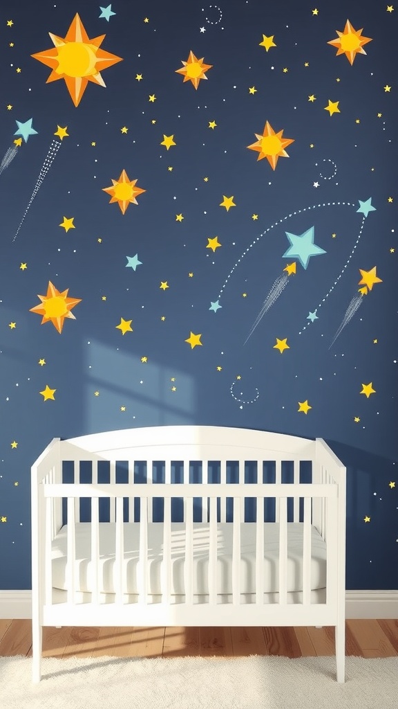 Nursery with shooting star wall decals and a white crib.