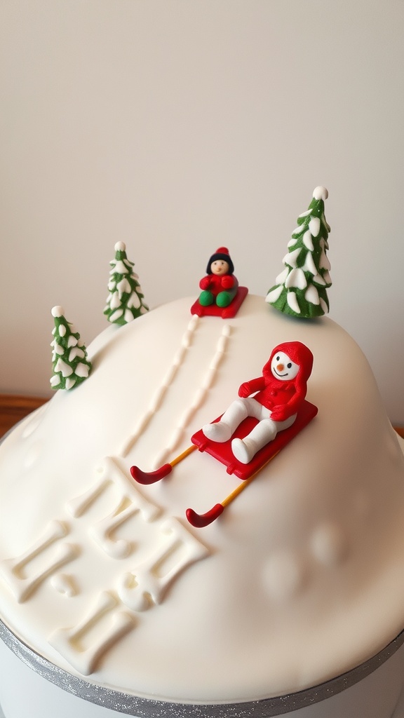 A winter-themed cake with sledding figures and snowy trees.
