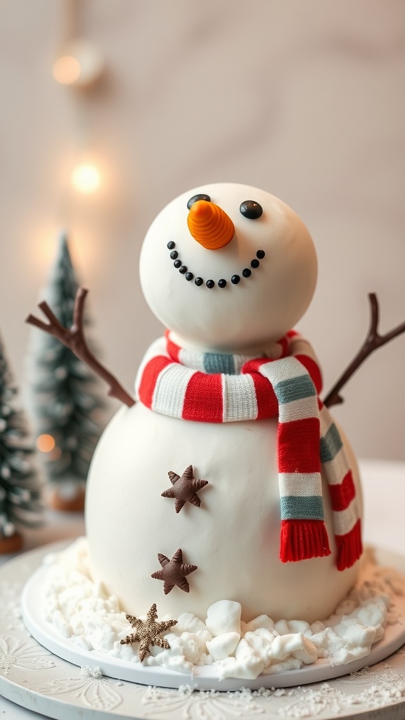 A creative snowman cake decorated with a fondant scarf and candy features, set against a winter-themed backdrop.